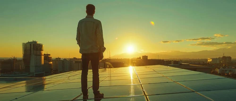 Confident solar EPC business owner standing on a rooftop solar installation Confident solar EPC business owner standing on a rooftop solar installation